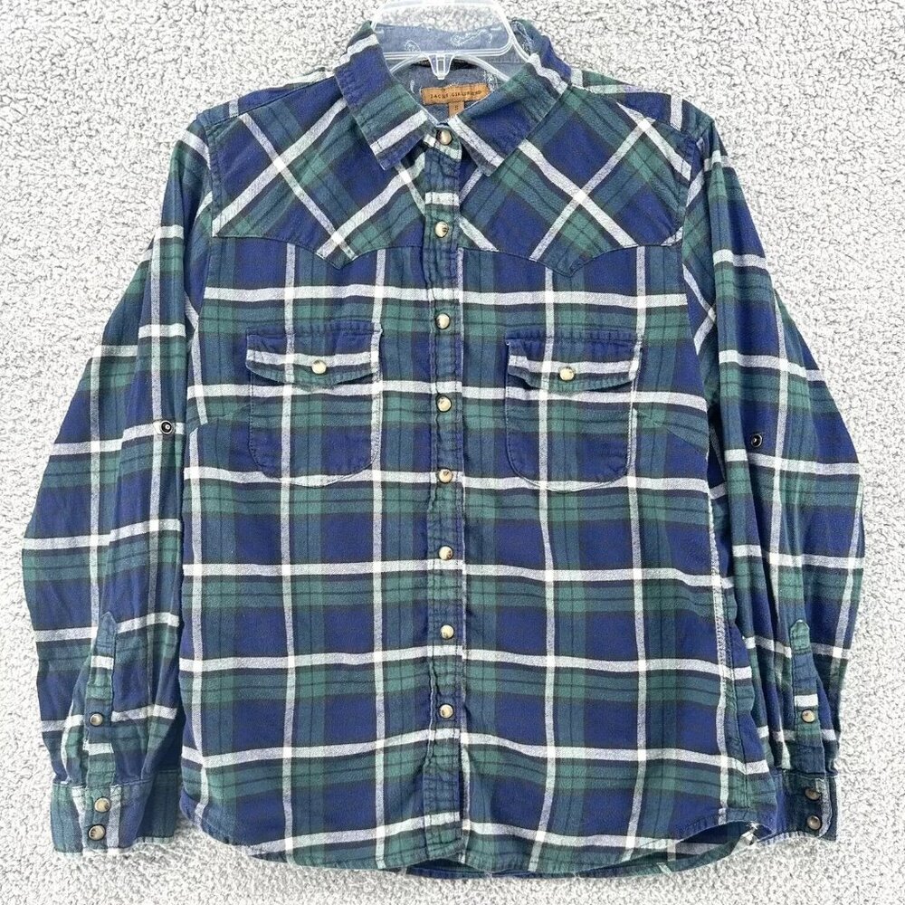 Jach’s Girlfriend Long Sleeve Women's Small Blue Green Plaid Flannel Pearl Snaps